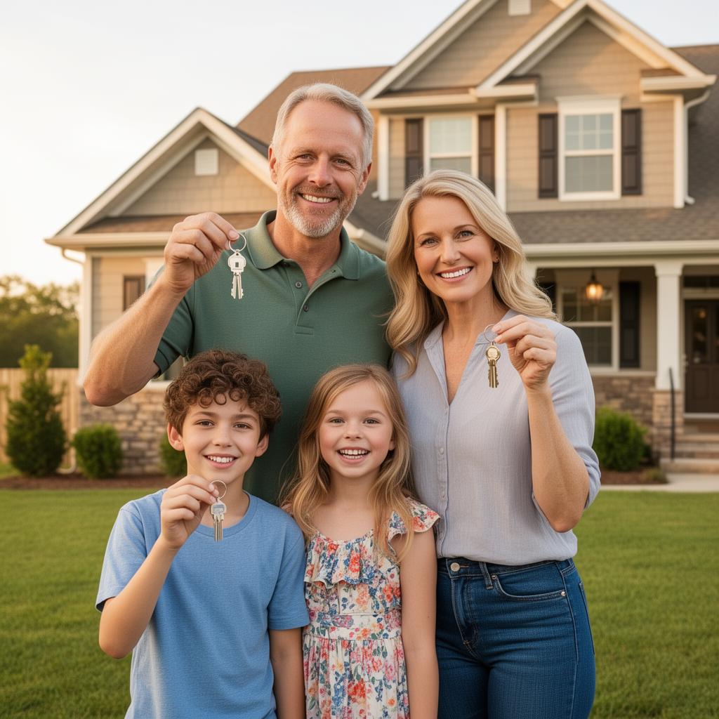 Happy family in front of their new home